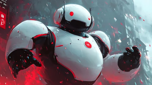 Bulky guardian bot wades through neon ash and smoke-scarred city.