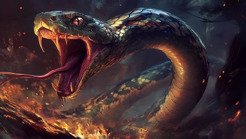 Gigantic firelit serpent lunging with flared fangs and embers