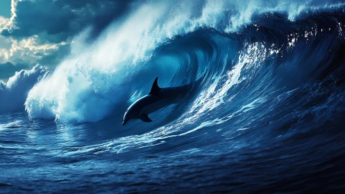 Solitary dolphin within cresting ocean wave at dusk.