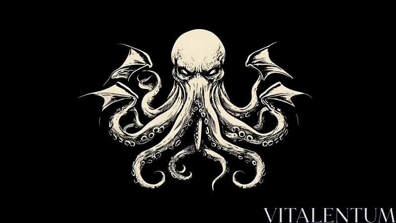 Lovecraftian cephalopod skull with spread bat wings.