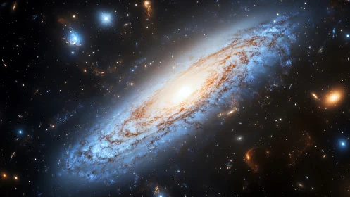 Spiral galaxy rendered with bright core and blue star fields