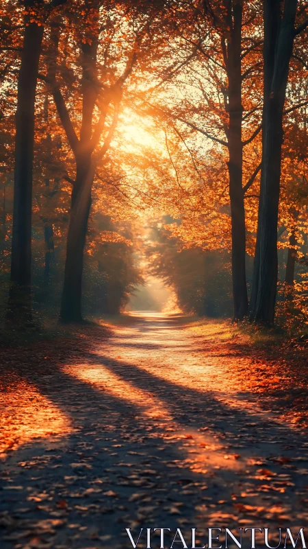 Golden Forest Path at Sunrise: Nature's Glowing Embrace