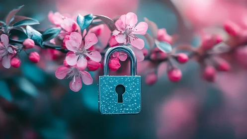 Padlock suspended amid pink blossoms with teal leaf foliage