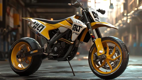 Street-tuned yellow supermoto motorcycle in cinematic garage.