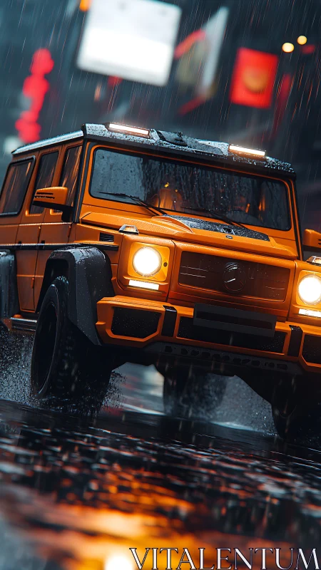 Orange SUV driving through wet neon city street at night.