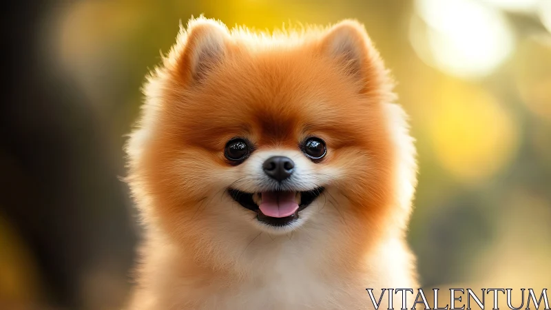 Fluffy Pomeranian portrait in warm golden bokeh light.