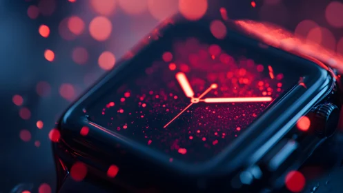 Modern smartwatch close-up with glowing red abstract bokeh lights.