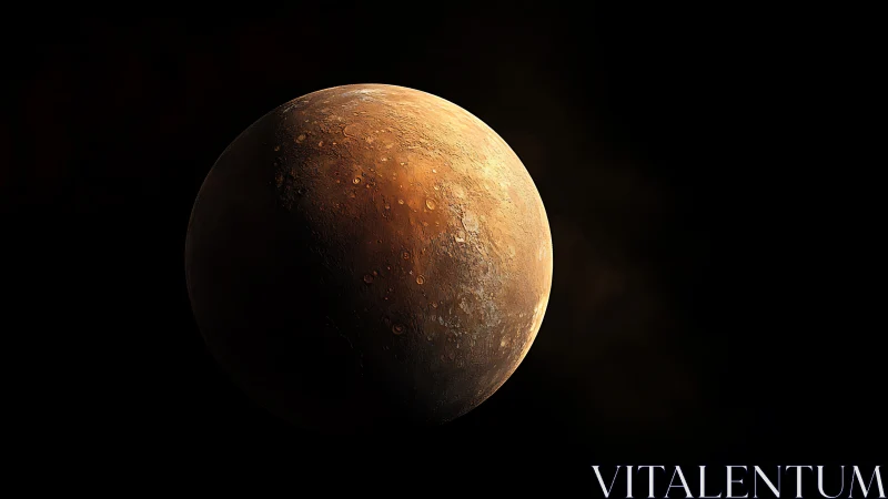 Rocky orange planet with cratered surface in deep space.