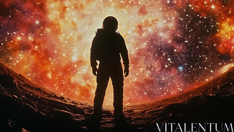 Solitary astronaut stands before dense glowing star field.