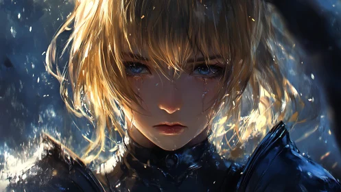 Stormlit knight’s resolve beneath glittering battle rain.