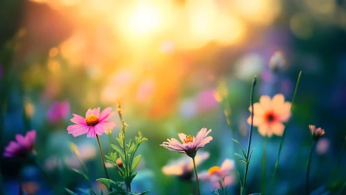 Shallow depth-of-field wildflowers under intense backlit sunset glow