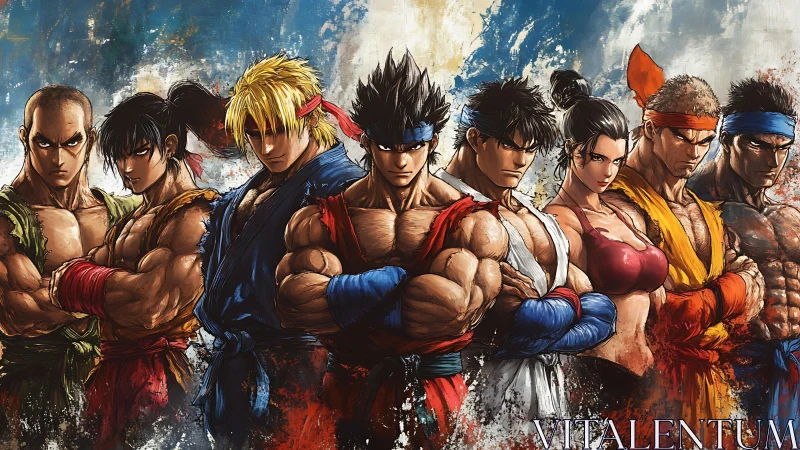 Proud martial artists stand united in bold painterly color