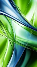 Iridescent green and blue glass ribbons flow in motion.