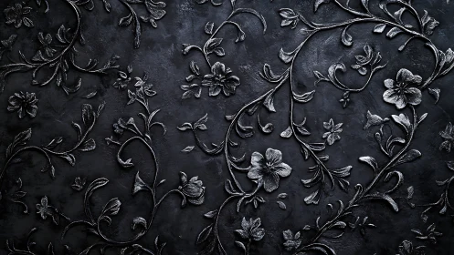 Embossed Floral Relief on Dark Textured Surface. Relief Art.