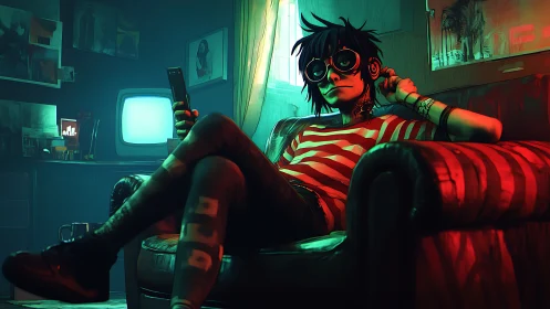 Seated figure with headphones uses phone in neon lit room