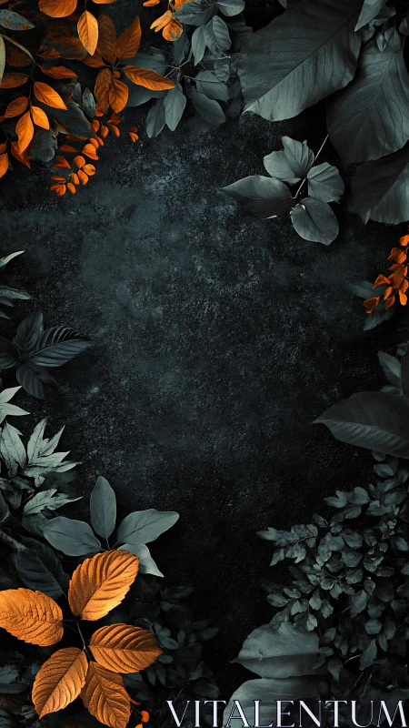 High contrast foliage frame with teal shadows and orange accent leaves