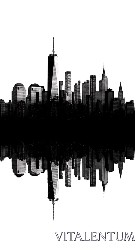 Monochrome city skyline mirrored in stark white void.