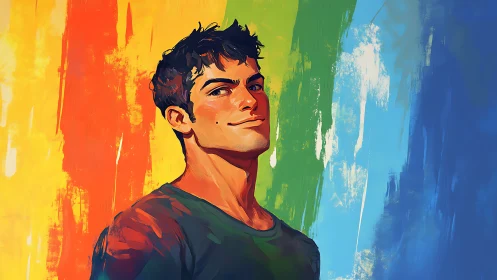 Confident young man stands before bold rainbow strokes.
