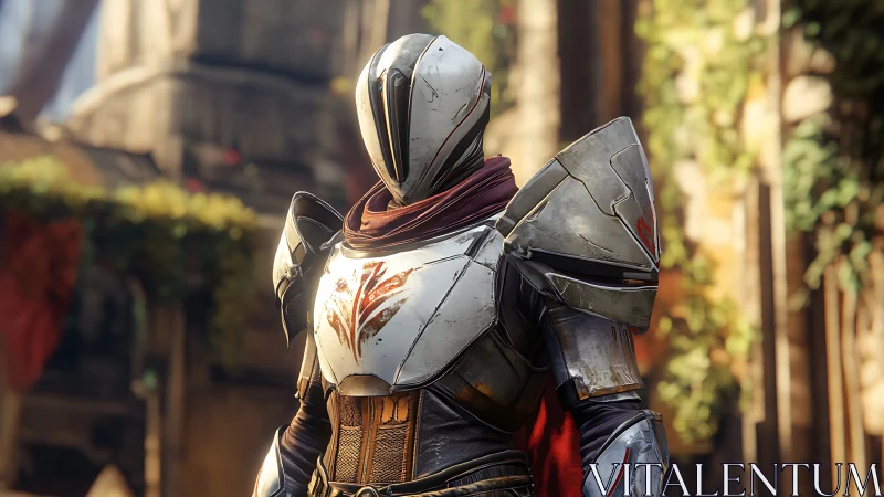 Armored sci fi guardian stands in sunlit urban courtyard