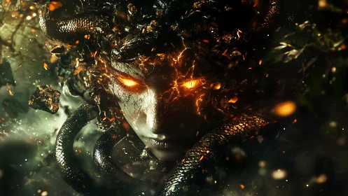 Blazing Gorgon Queen with Serpent Halo and Shattered Stone.