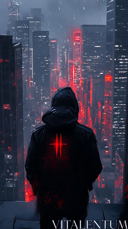 Lone hooded figure above neon red cyberpunk skyline at night.