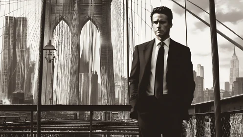 Man in suit stands on bridge with New York skyline behind
