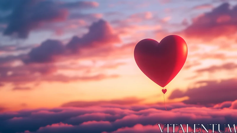 Red Heart Balloon Floating Through Sunset Cloud Layer