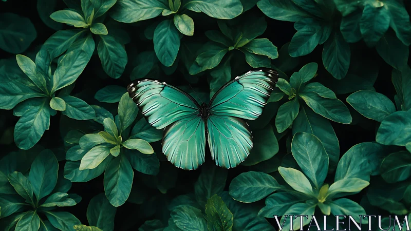 Teal morpho butterfly on dense green leaf groundcover canopy
