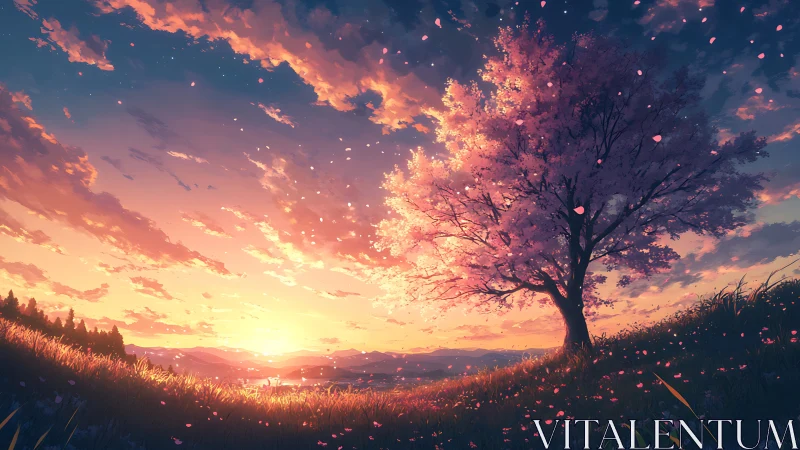 Spectral dusk illumination on solitary sakura tree hillside field.