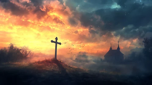 Digital painting of cross and chapel at dramatic twilight sky.