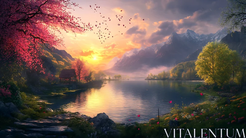 Golden lake sunset cradled by blooming mountainside calm.