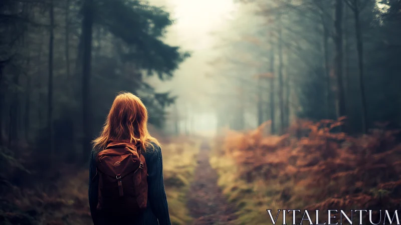 Figure with Red Backpack in Forest Setting