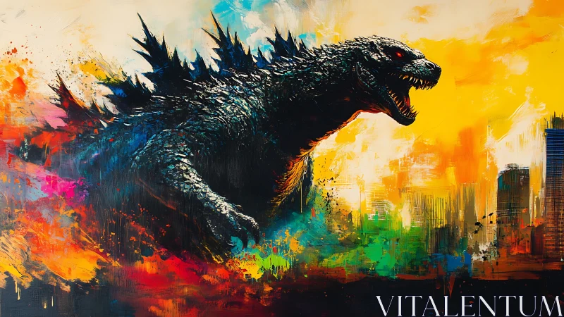 Colossal kaiju silhouette erupts through chromatic urban skyline