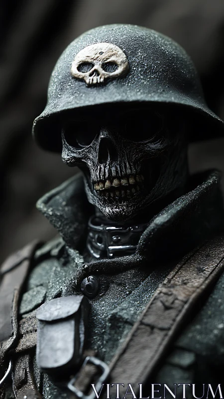 Undead soldier portrait in decayed uniform and skull helmet.