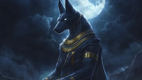 Anthropomorphic jackal deity rendered under a luminous full moon