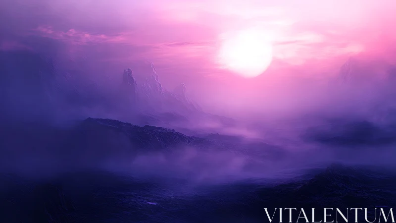 Violet exoplanet valley under radiant magenta rising sun.