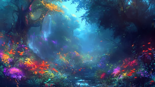 Bioluminescent Forest Cavern with Cascading Waterfall and Vibrant Flora
