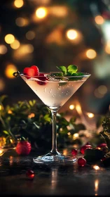 Cocktail in coupe glass with garnish and bokeh lighting.