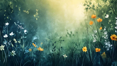 Atmospheric Meadow Composition with Polychromatic Floral Elements.