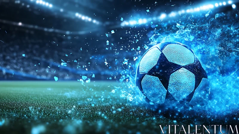 Stadium night ignites as a blue energy soccer ball shatters space