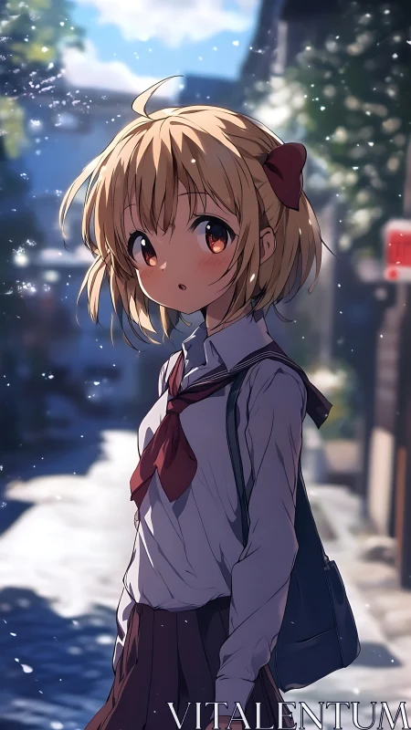 Schoolgirl on sunlit residential street in soft anime style.