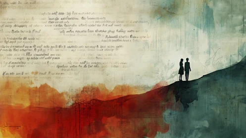 Two figures silhouetted on cliff edge over layered landscape composition.