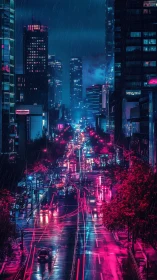 Neon city boulevard glows in the rain-soaked midnight storm