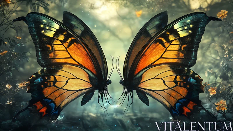 Gentle twin butterflies sharing a glowing forest moment.