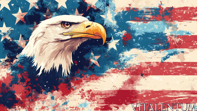 Bold eagle portrait over painterly stars and stripes flag.
