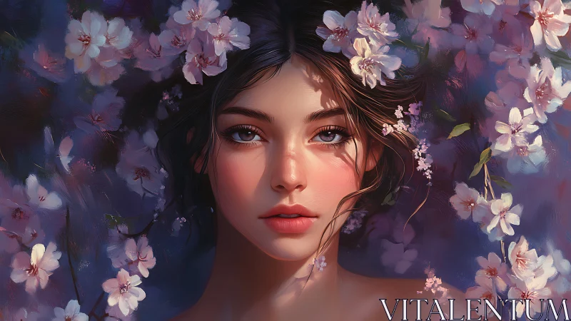 Dreamlike digital portrait merges feminine beauty with blossom aura