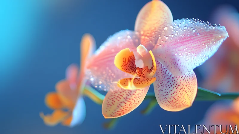 Orchid Blooms with Dewdrops Against Blue Background.
