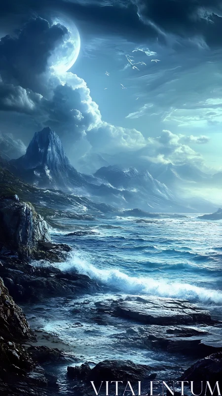 Moonlit ocean cliffs under swirling dreamy night sky.