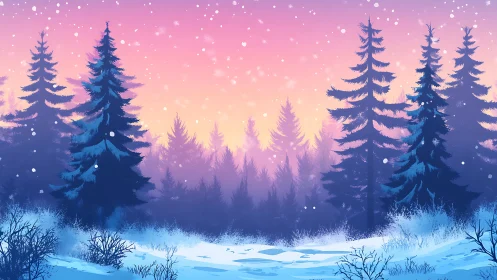 Snowy evergreen forest under soft pink winter sunset.