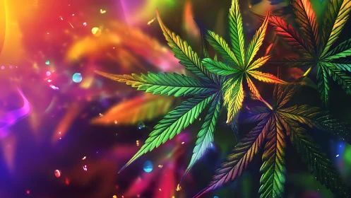 Cannabis leaves rendered in multicolored digital lighting